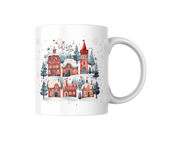 Weiße Keramiktasse mit einem detaillierten und bunten Winterdorf-Motiv, das verschneite Häuser, Bäume und eine festliche Kirche zeigt, auf schlichtem weißen Hintergrund für klares Produktdesign.